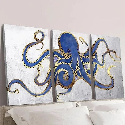 3pcs Navy Golden Blue and Gray Abstract Octopus Wall Art Set Canvas Framed 40x60cm - High Quality Print 100% Australian Made Wall Canvas Ready to Hang
