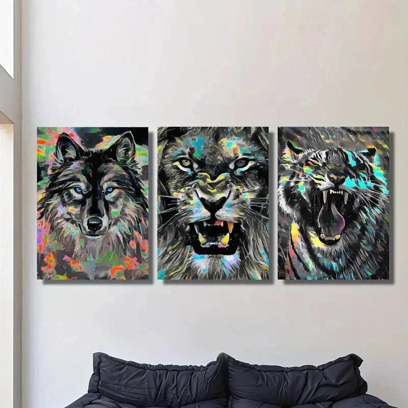 3pcs Wolf Lion and Tiger Head Portraits Wall Art Set Canvas Framed 40x60cm - High Quality Print 100% Australian Made Wall Canvas Ready to Hang