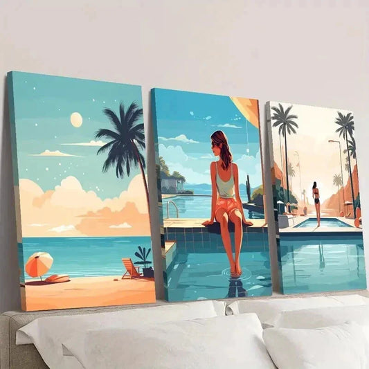 3pcs Summer Beach Background Illustration Wall Art Set Canvas Framed 40x60cm - High Quality Print 100% Australian Made Wall Canvas Ready to Hang