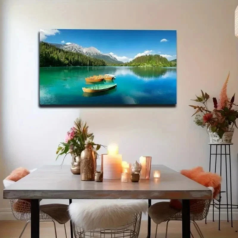 Green Lake Boats Rippling Wall Art Canvas Office Home Room Framed 80x45cm