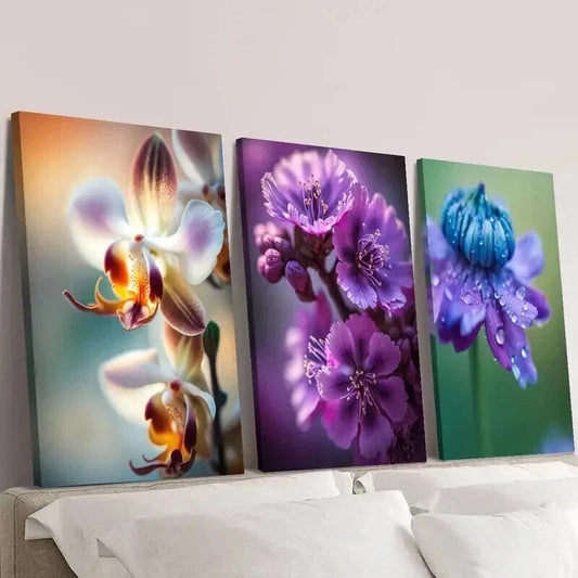 3pcs Purple & Blue Orchid Flowers Wall Art Set Canvas Framed 40x60cm - High Quality Print 100% Australian Made Wall Canvas Ready to Hang