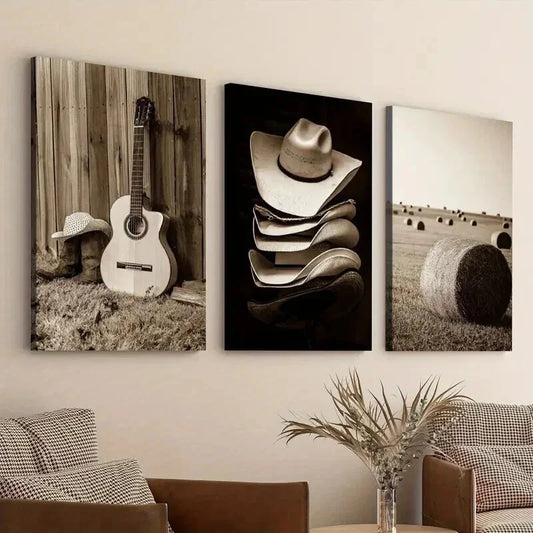 3pcs Hats & Haystacks Music Guitars Vintage Wall Art Set Canvas Framed 40x60cm - High Quality Print 100% Australian Made Wall Canvas Ready to Hang