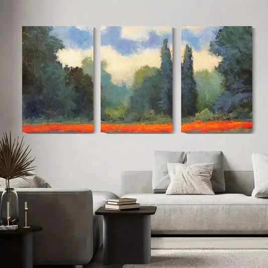 3pcs Greenery and Red Flowers Forest Metal Print Ready to Hang Art