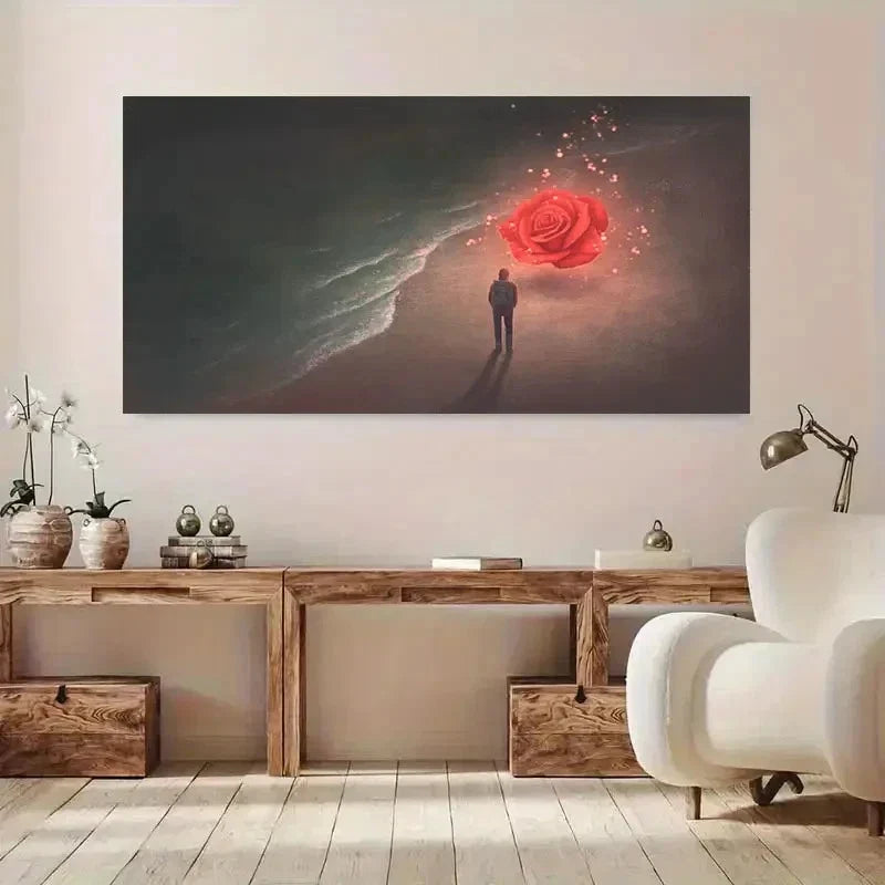 Beach Scene With Glowing Red Wall Art Canvas Office Home Room Framed 120x60cm