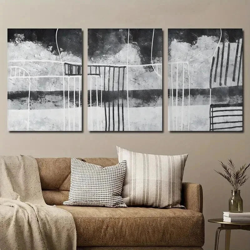 3pcs Neutral Black And White Line Wall Art Set Canvas Framed 40x60cm - High Quality Print 100% Australian Made Wall Canvas Ready to Hang