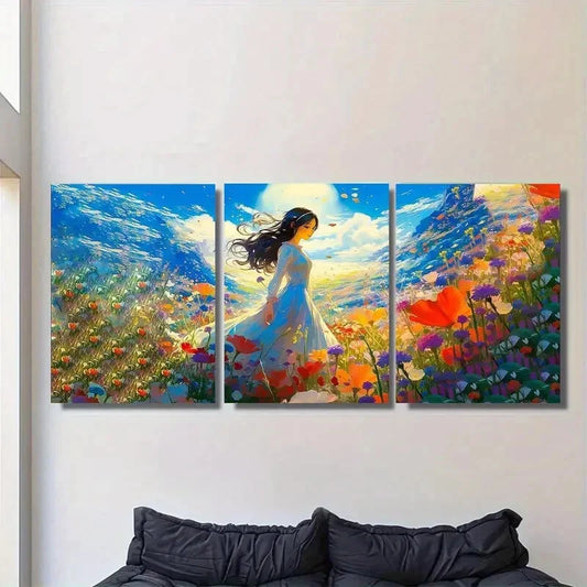 3pcs Panel Beautiful Woman in Flower Field Metal Print Ready to Hang Art