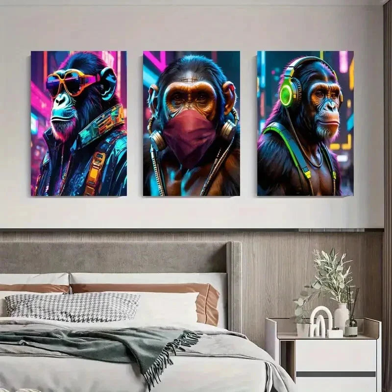 3pcs Monkeys with Headphones and Masks Metal Print Ready to Hang Art