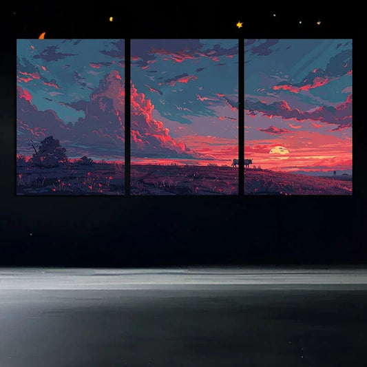 3pcs Sunset Grassland Dramatic Sky and Silhouette Metal Print Ready to Hang Art