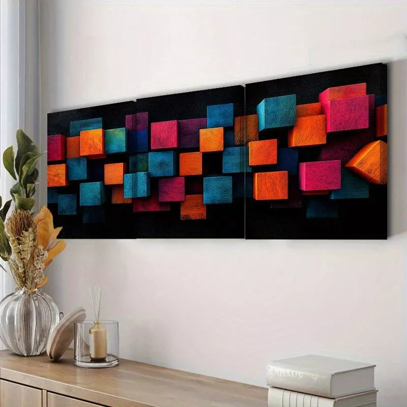 3pcs Art Deco Modern Colorful Cubes Wall Art Set Canvas Framed 40x60cm - High Quality Print 100% Australian Made Wall Canvas Ready to Hang