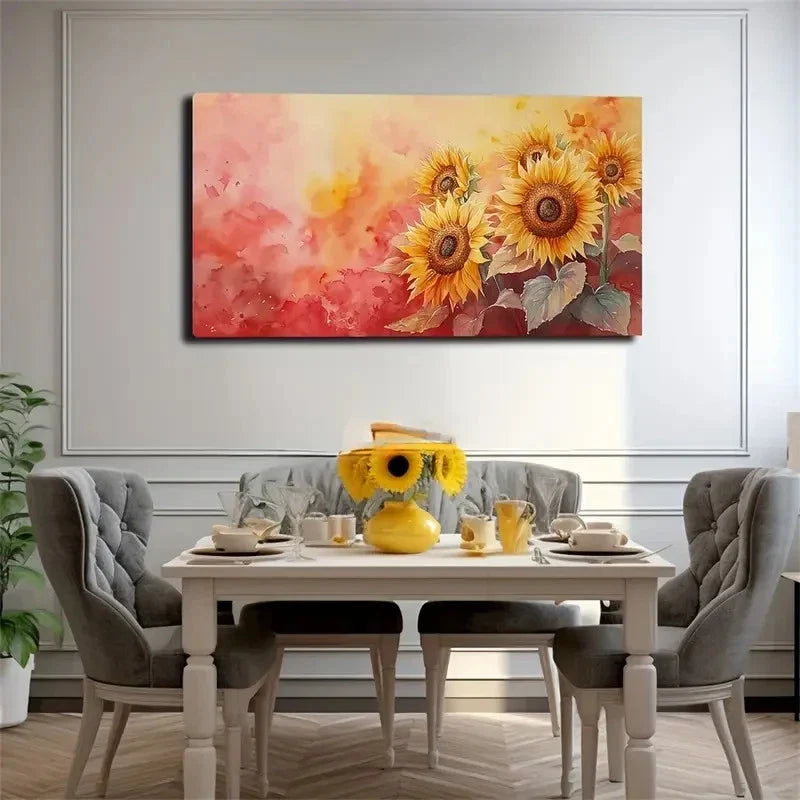 Vibrant Yellow & Orange Floral Wall Art Canvas Office Home Room Framed 120x60cm