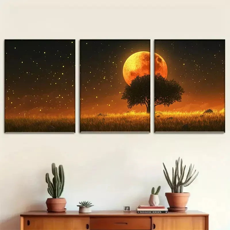 3pcs Enchanted Moonlit Meadow Wrapped Wall Art Set Canvas Framed 40x60cm - High Quality Print 100% Australian Made Wall Canvas Ready to Hang