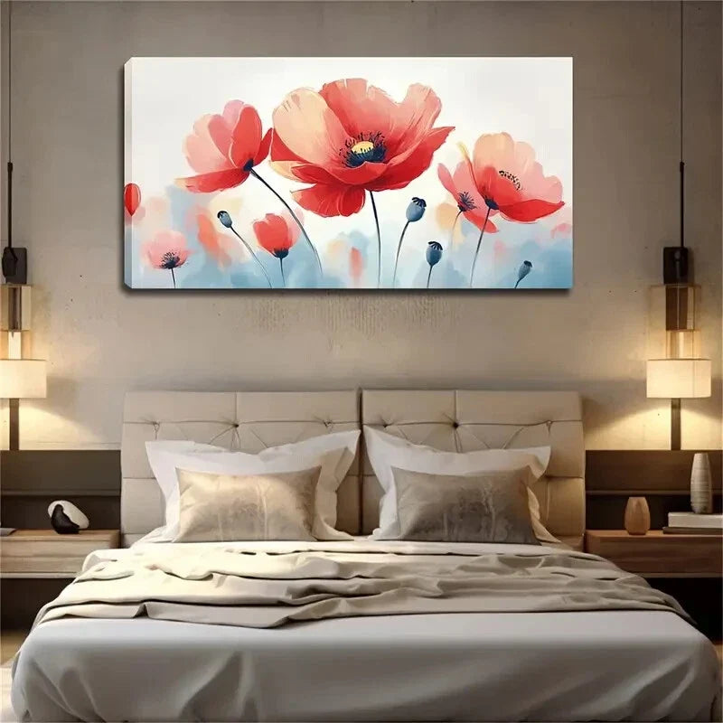 Floral Design with Vibrant Red Wall Art Canvas Office Home Room Framed 120x60cm