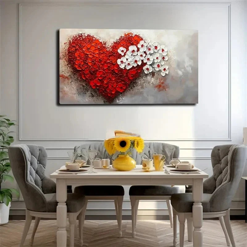 Red & White Floral Heart Modern Wall Art Canvas Office Home Room Framed 120x60cm