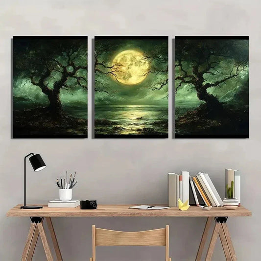 3pcs Moonlit Forest Golden Moon & Twisted Trees Metal Print Ready to Hang Art