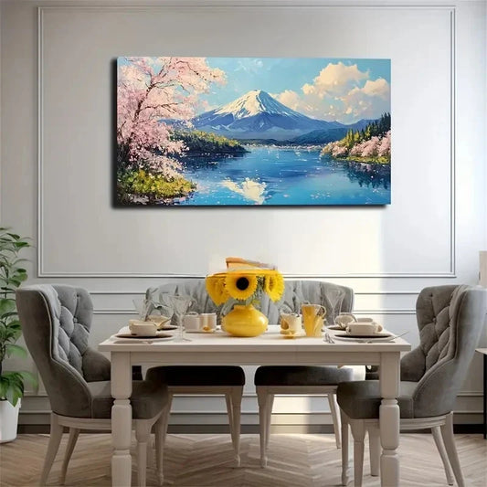 Cherry Blossom Trees Calm Lake Wall Art Canvas Office Home Room Framed 80x45cm