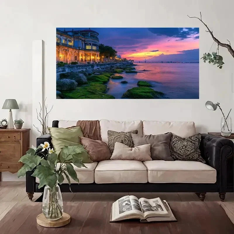 Coastal Sunset Modern Wall Art Canvas Office Home Room Framed 80x45cm