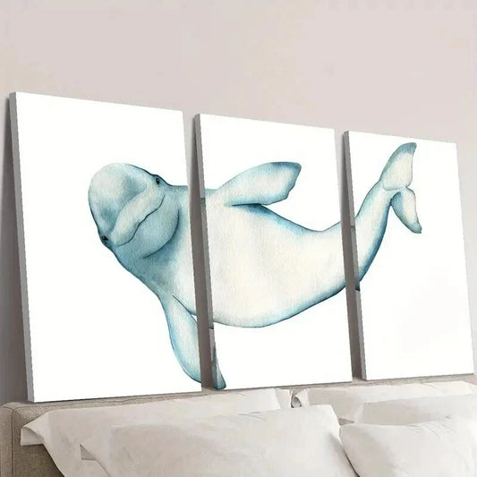 3pcs Marine Ocean Dolphin Life Illustration Wall Art Set Canvas Framed 40x60cm - High Quality Print 100% Australian Made Wall Canvas Ready to Hang