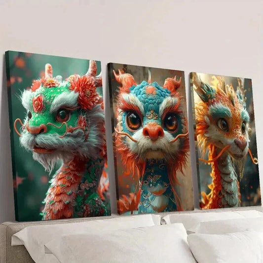 3pcs Cute Cartoon Happy New Year Dragon Wall Art Set Canvas Framed 40x60cm - High Quality Print 100% Australian Made Wall Canvas Ready to Hang