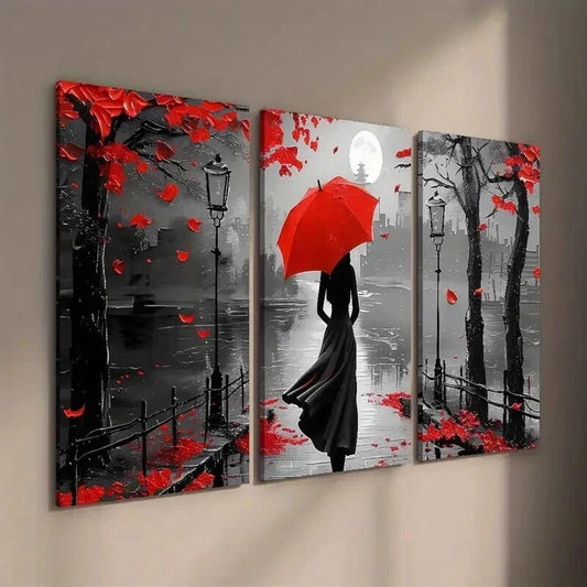 3pcs Black & White Girl with Red Umbrella Wall Art Set Canvas Framed 40x60cm - High Quality Print 100% Australian Made Wall Canvas Ready to Hang