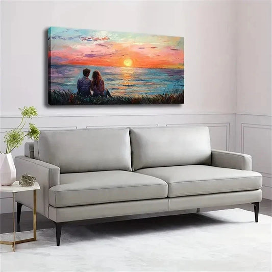 Vibrant Sunset Scene Beach Wall Art Canvas Office Home Room Framed 80x45cm