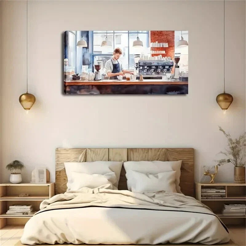 Realistic Coffee Shop Barista Wall Art Canvas Office Home Room Framed 80x45cm