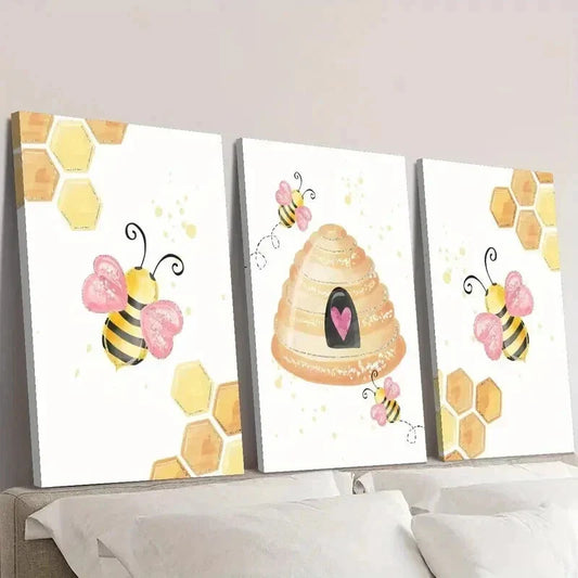 3pcs Cute Cartoon Bees & Honeycomb Wall Art Set Canvas Framed 40x60cm - High Quality Print 100% Australian Made Wall Canvas Ready to Hang