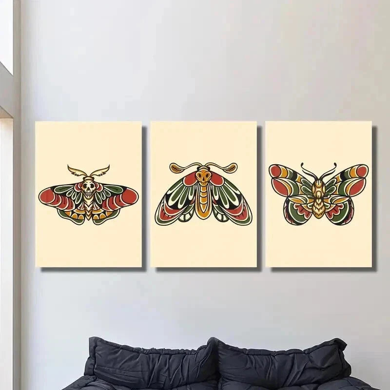 3pcs Retro Colorful Death Head Moth Skull Wall Art Set Canvas Framed 40x60cm - High Quality Print 100% Australian Made Wall Canvas Ready to Hang