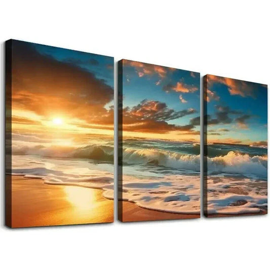 3pcs Ocean Waves & Sandy Shoreline at Sunset Wall Art Set Canvas Framed 40x60cm - High Quality Print 100% Australian Made Wall Canvas Ready to Hang