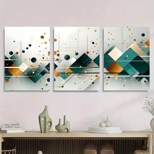 3pcs Geometric Abstract Design with Teal, Golden Metal Print Ready to Hang Art