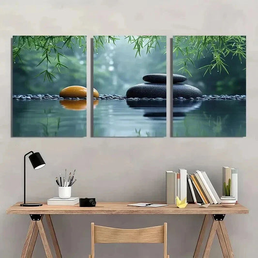 3pcs Zen Bamboo And Stone Calming Nature Decor Wall Art Set Canvas Framed 40x60cm - High Quality Print 100% Australian Made Wall Canvas Ready to Hang