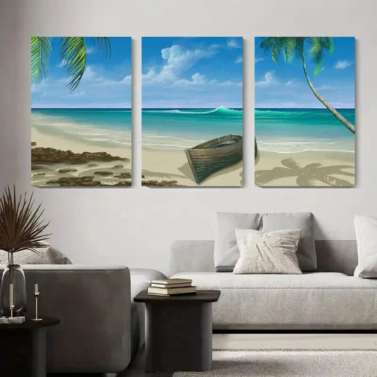 3pcs Tranquil Beach & Palm Tree Sandy Shore Metal Print Ready to Hang Art
