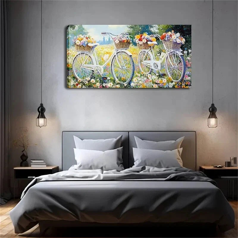 Two White Bicycles with Color Wall Art Canvas Office Home Room Framed 120x60cm