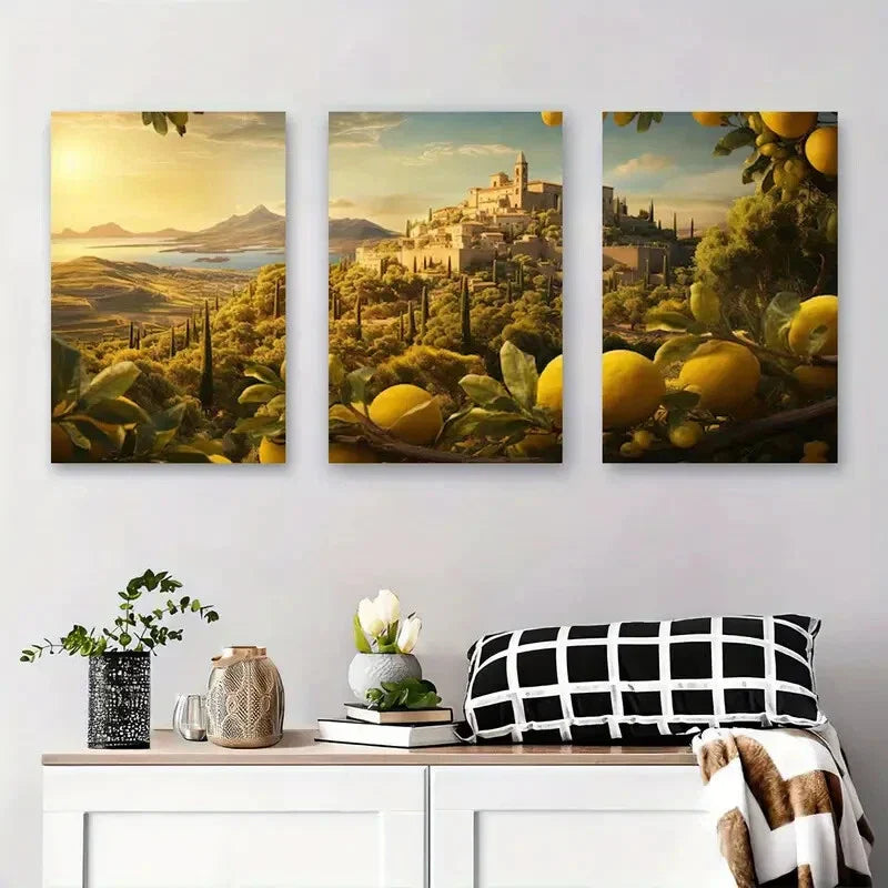 3pcs Mediterranean Lemon Grove Metal Print Ready to Hang Art