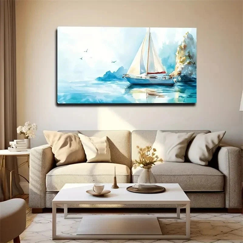 Abstract Coastal Sailboat Sea Wall Art Canvas Office Home Room Framed 80x45cm