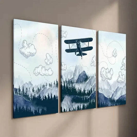 3pcs Airplane Flying Over Mountain and Forest Wall Art Set Canvas Framed 40x60cm - High Quality Print 100% Australian Made Wall Canvas Ready to Hang