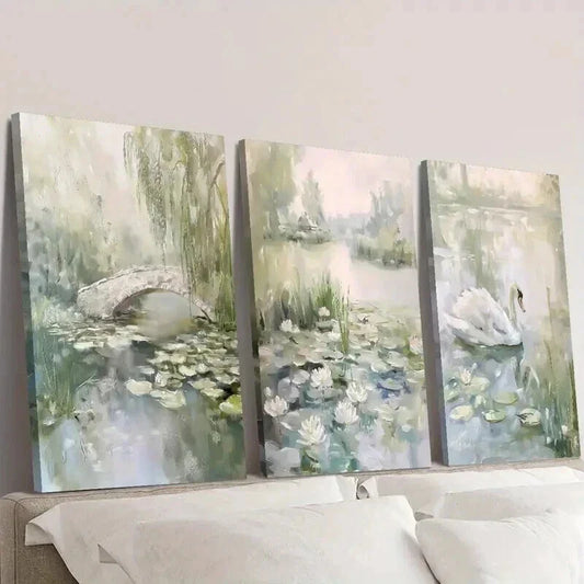 3pcs Pond with Water Lilies Swans And Ducks Wall Art Set Canvas Framed 40x60cm - High Quality Print 100% Australian Made Wall Canvas Ready to Hang