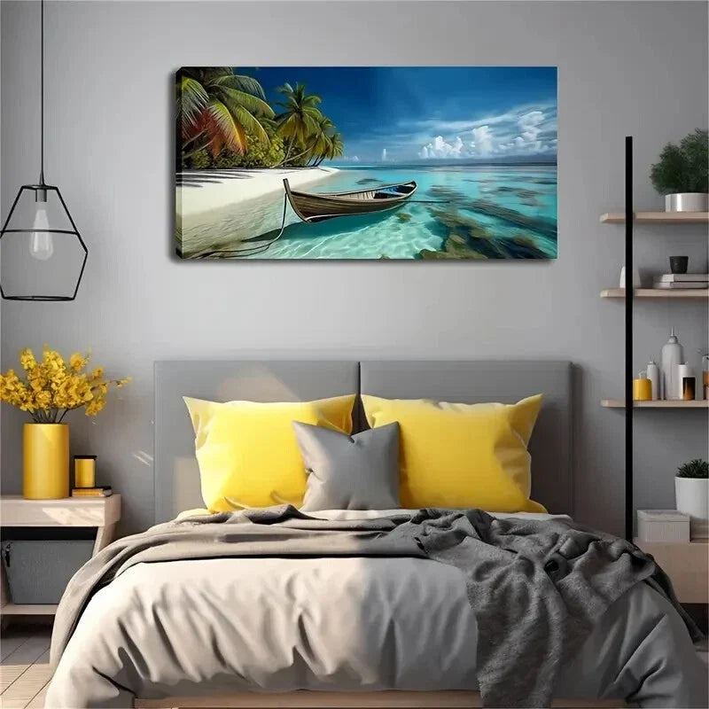 Serene Beach Scene Wooden Boat Wall Art Canvas Office Home Room Framed 120x60cm