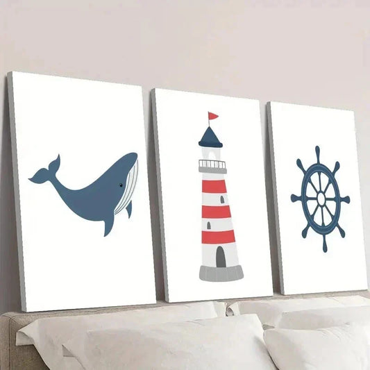 3pcs Navy Red Lighthouse Ship Steering & Whale Wall Art Set Canvas Framed 40x60cm - High Quality Print 100% Australian Made Wall Canvas Ready to Hang