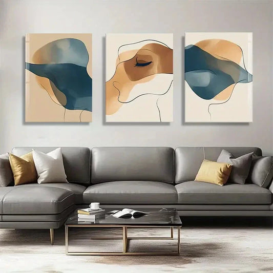 3pcs Fluid Shapes in Blue and Beige Perfect Wall Art Set Canvas Framed 40x60cm - High Quality Print 100% Australian Made Wall Canvas Ready to Hang