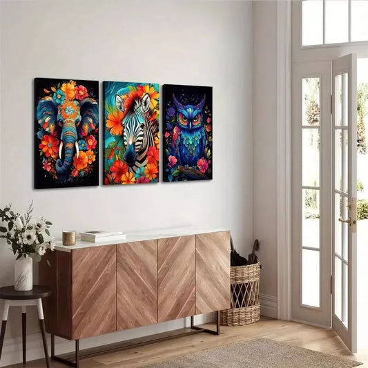 3pcs Vibrant Animal with Floral Accents Wall Art Set Canvas Framed 40x60cm - High Quality Print 100% Australian Made Wall Canvas Ready to Hang