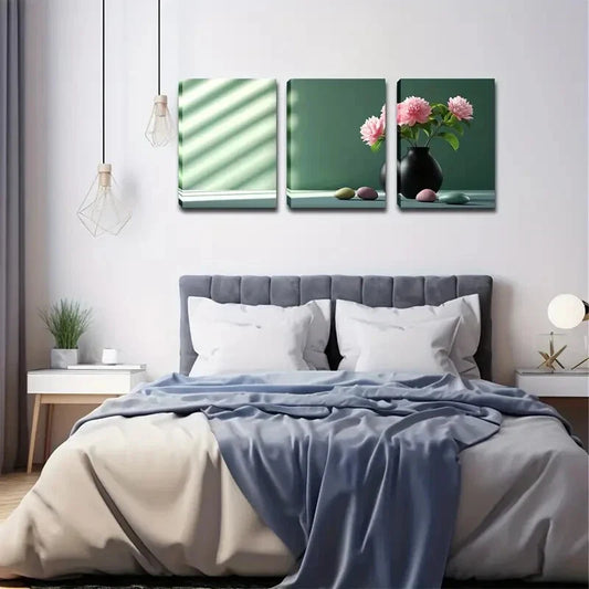 3pcs Sun Windowsill Peony Vase Realistic Perfect Wall Art Set Canvas Framed 40x60cm - High Quality Print 100% Australian Made Wall Canvas Ready to Hang