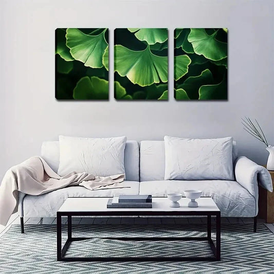 3pcs Green Ginkgo Leaf Wall Art Set Canvas Framed 40x60cm - High Quality Print 100% Australian Made Wall Canvas Ready to Hang