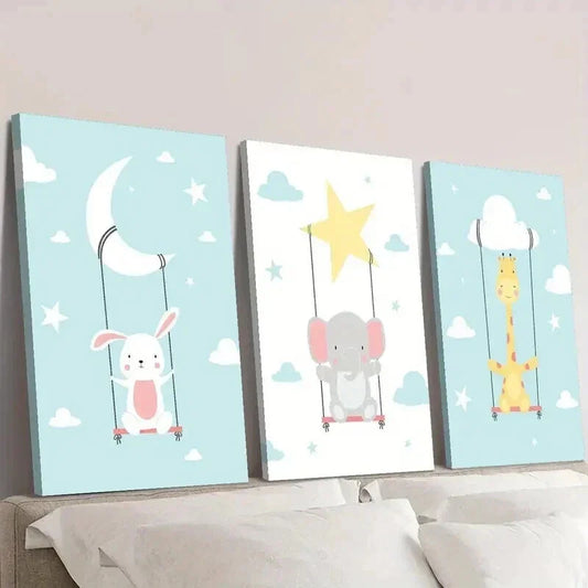 3pcs Rabbits Elephants Giraffes and Clouds Wall Art Set Canvas Framed 40x60cm - High Quality Print 100% Australian Made Wall Canvas Ready to Hang