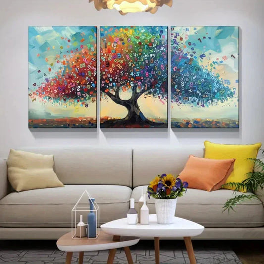 3pcs Colourful Number Tree Painting Metal Print Ready to Hang Art