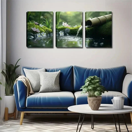 3pcs Green moss Black pebble wading Realistic Wall Art Set Canvas Framed 40x60cm - High Quality Print 100% Australian Made Wall Canvas Ready to Hang