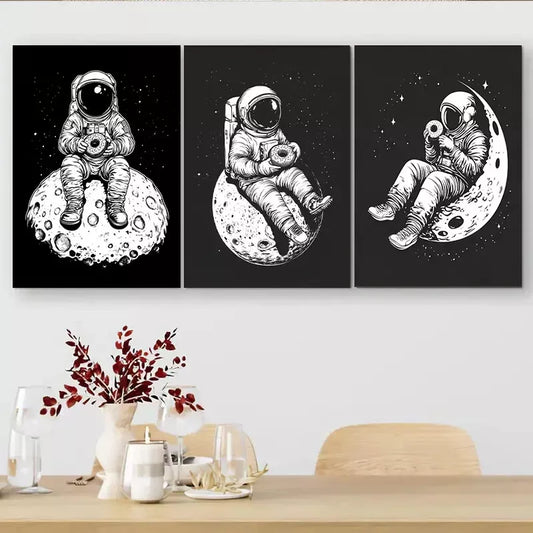 3pcs Astronaut on Moon in black and white Wall Art Set Canvas Framed 40x60cm - High Quality Print 100% Australian Made Wall Canvas Ready to Hang