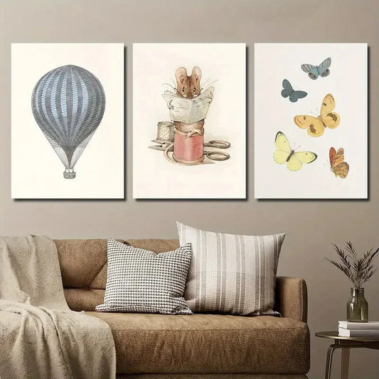 3pcs Vintage Butterfly Hot Air Balloon & Pastel Metal Print Ready to Hang Art