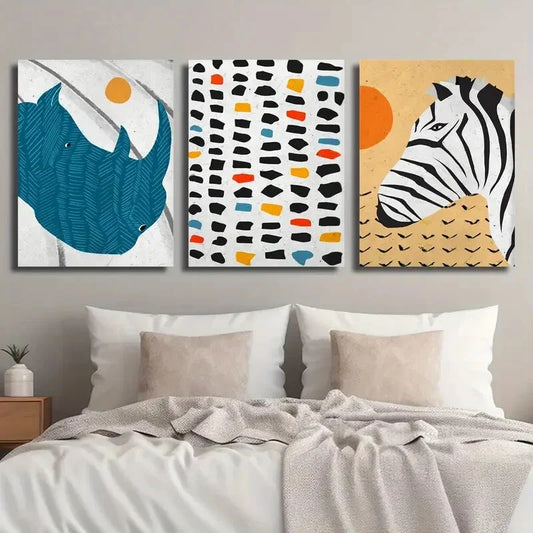 3pcs African Wildlife Murals Zebra & Rhino Metal Print Ready to Hang Art