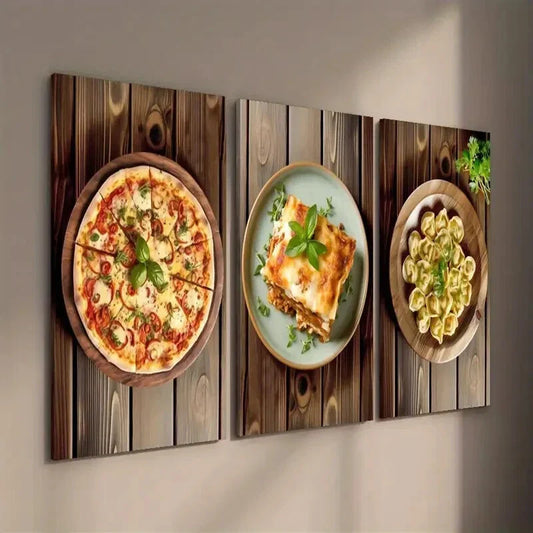 3pcs Vibrant Pizza Lasagna & Dumplings Wall Art Set Canvas Framed 40x60cm - High Quality Print 100% Australian Made Wall Canvas Ready to Hang