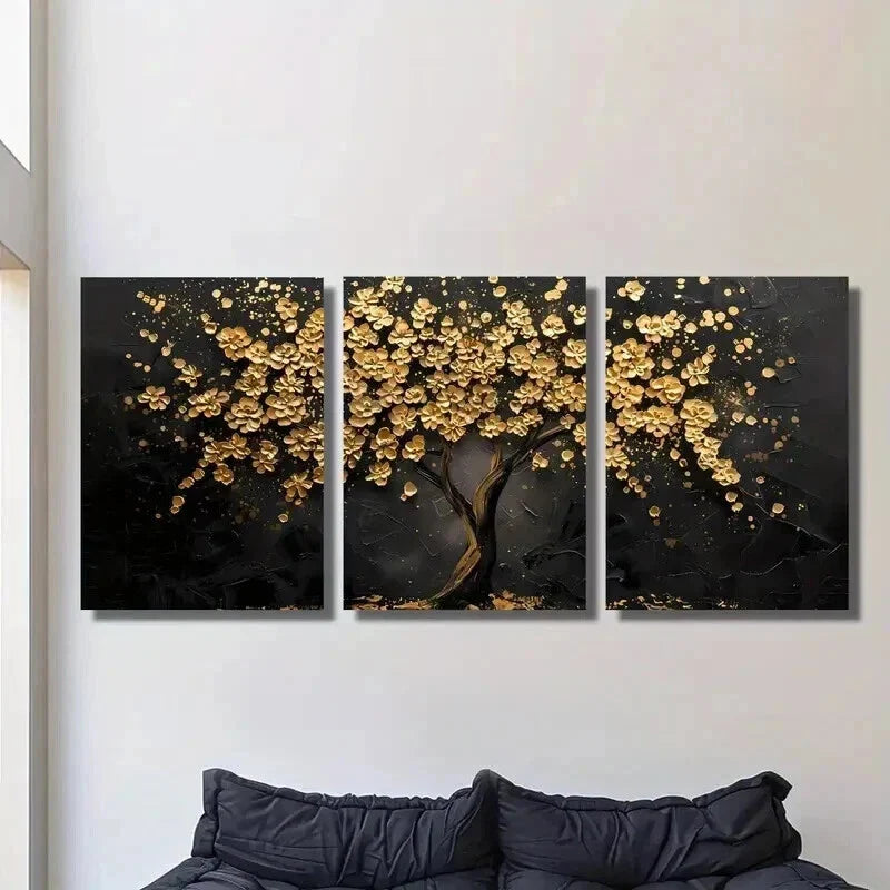 3pcs Abstract Golden Leaf Flower Tree Wall Art Set Canvas Framed 40x60cm - High Quality Print 100% Australian Made Wall Canvas Ready to Hang